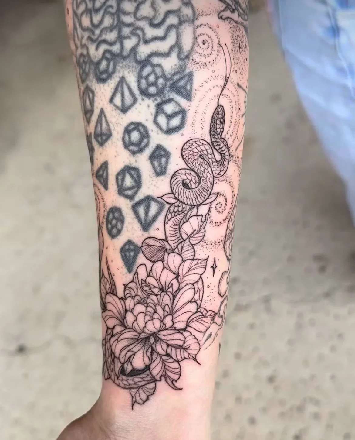 Blackwork Floral and Snake Tattoo
