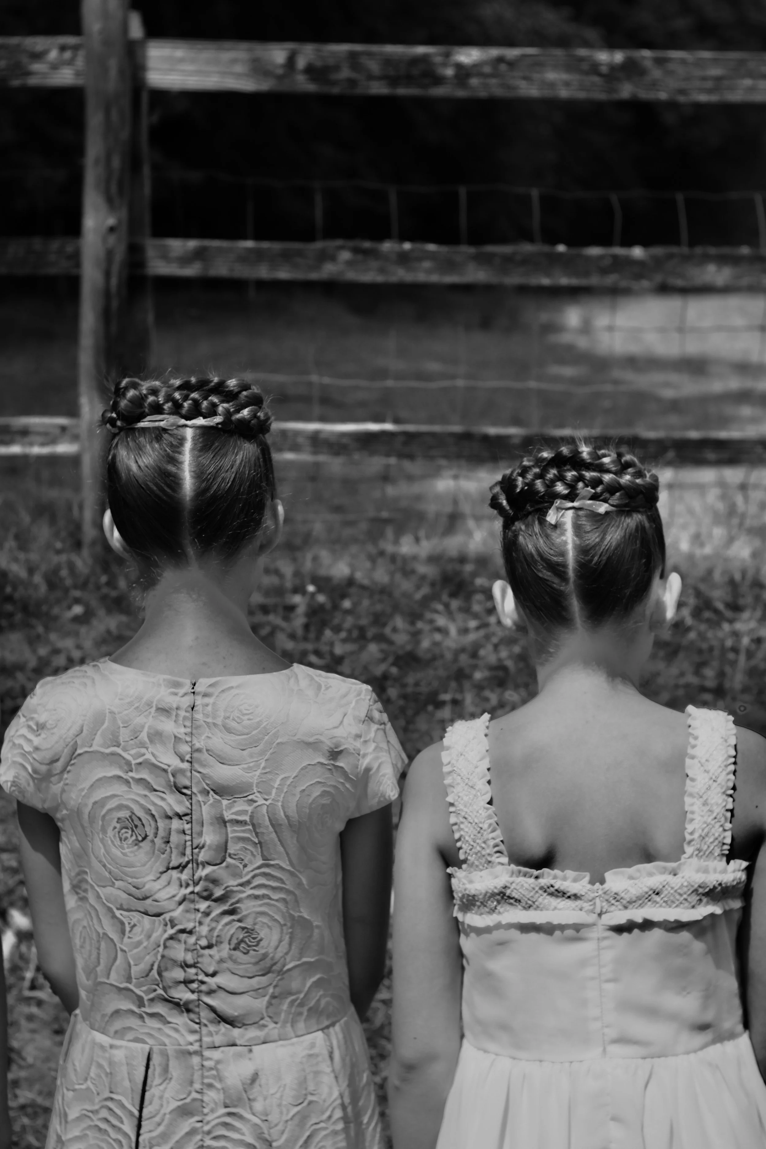 Two young girls with braided hair facing away, standing outdoors in front of a wooden fence. One girl wears a patterned dress and the other a sleeveless dress with ruffled straps.