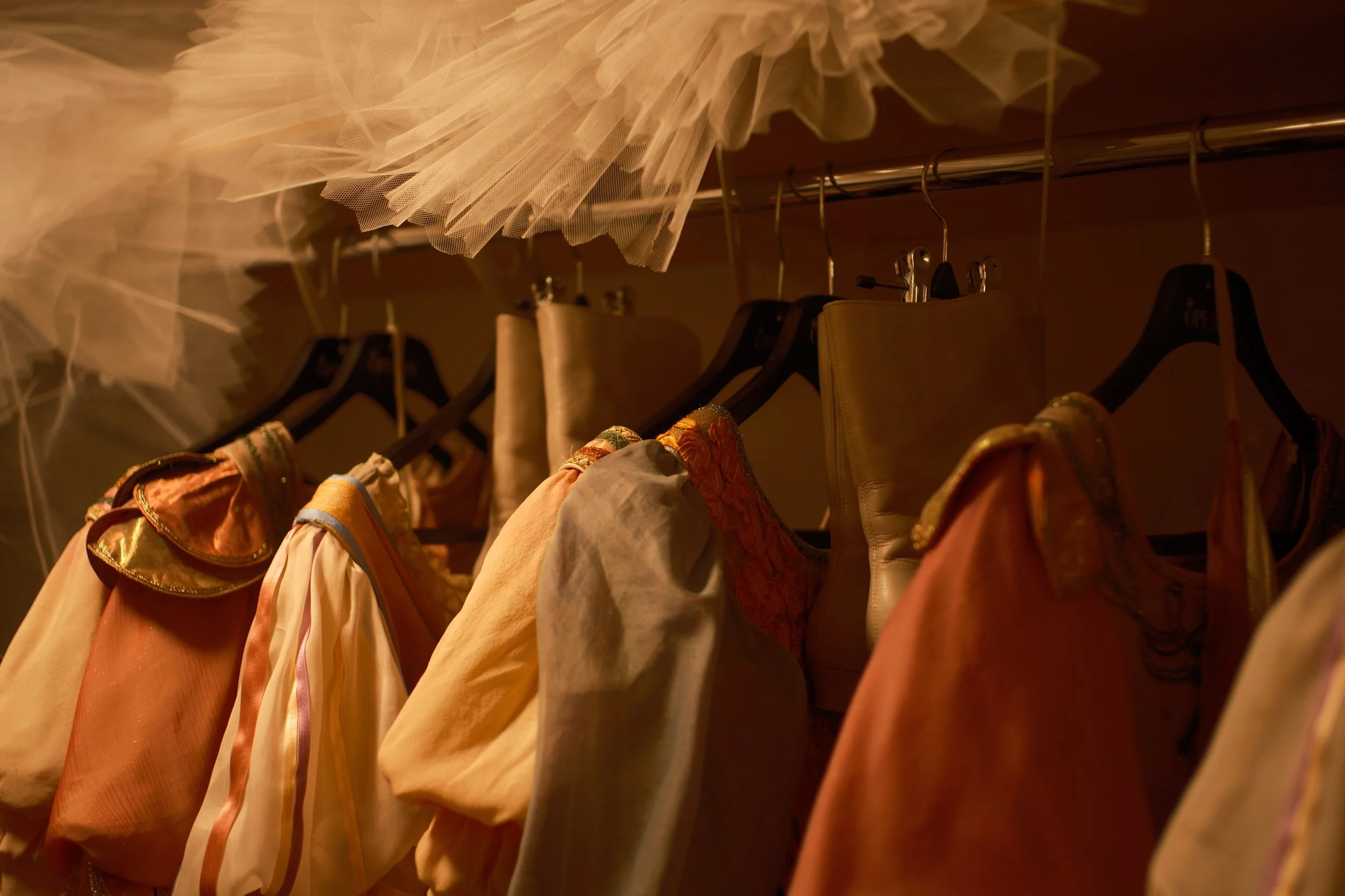 Clothes hanging in a closet, including dresses in shades of gold, peach, and orange, with sheer fabrics and lace detailing, on black hangers.