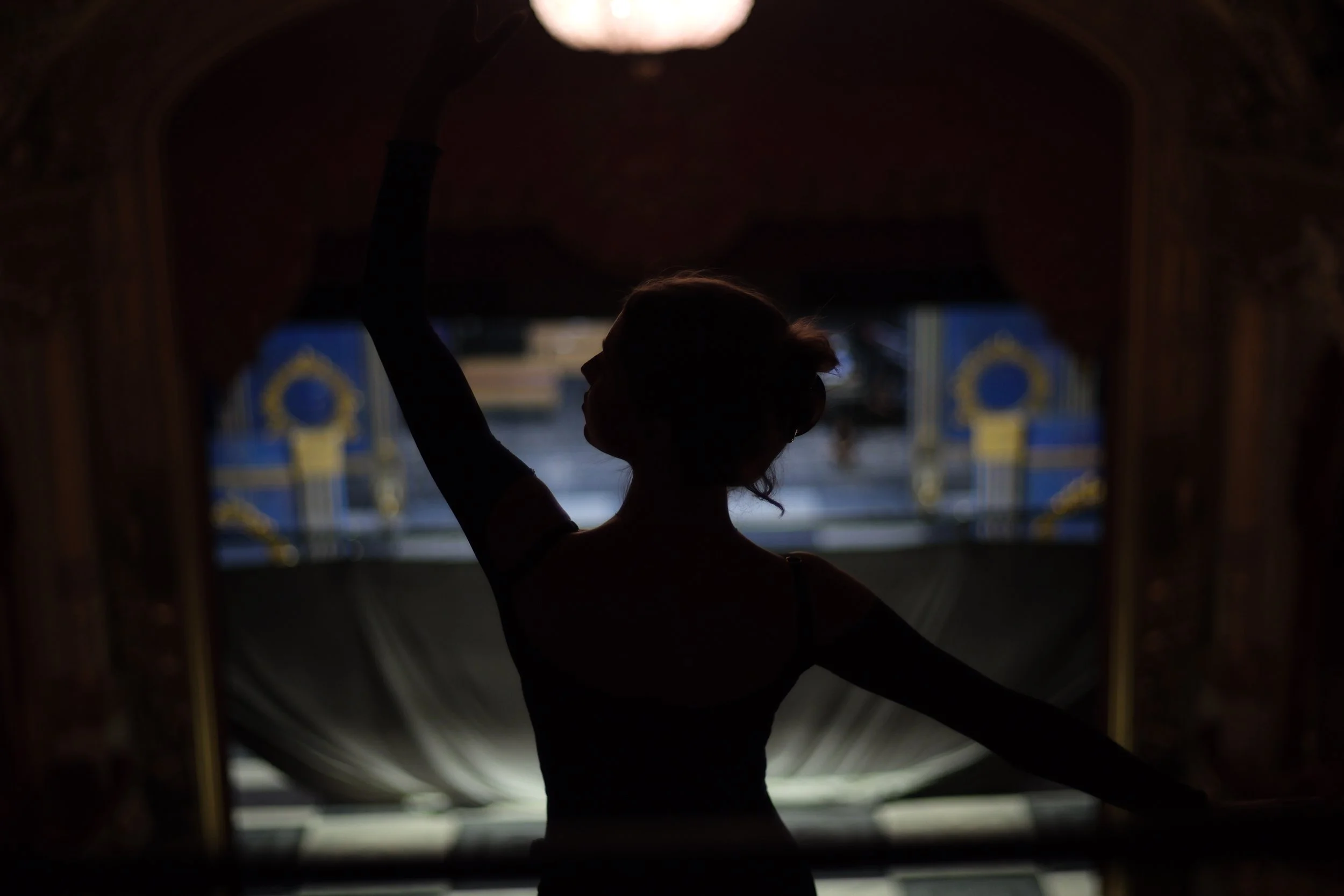 Silhouette of a woman with one arm raised inside a dark tunnel or passageway, with blue and gold decorative elements visible in the background.