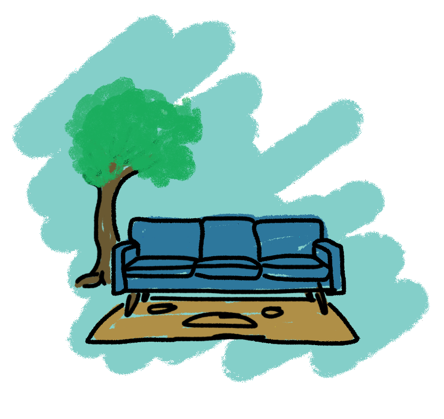 Drawing of a living room with a blue couch, a green tree, a brown rug, and a light blue background.