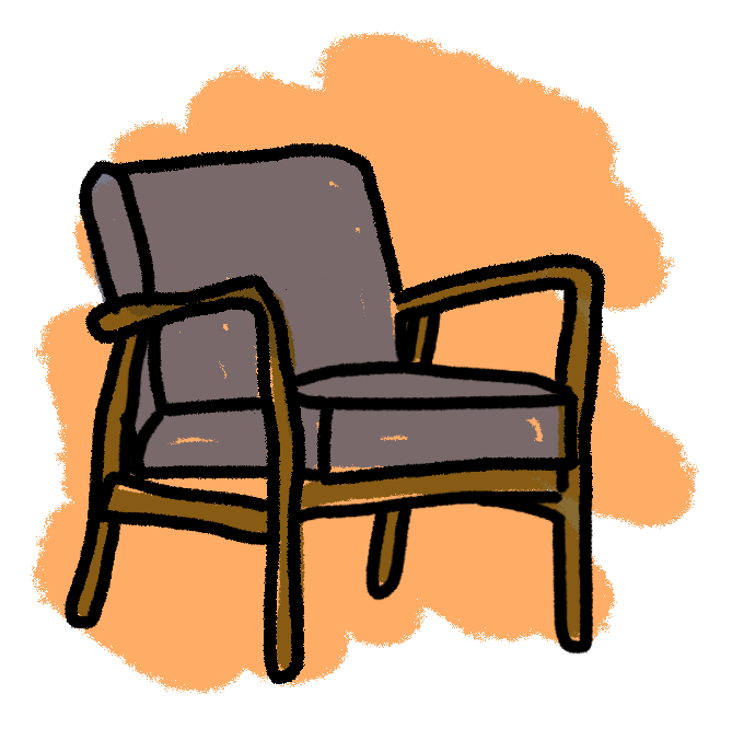 Drawing of a gray armchair with wooden frame, set against an orange background.