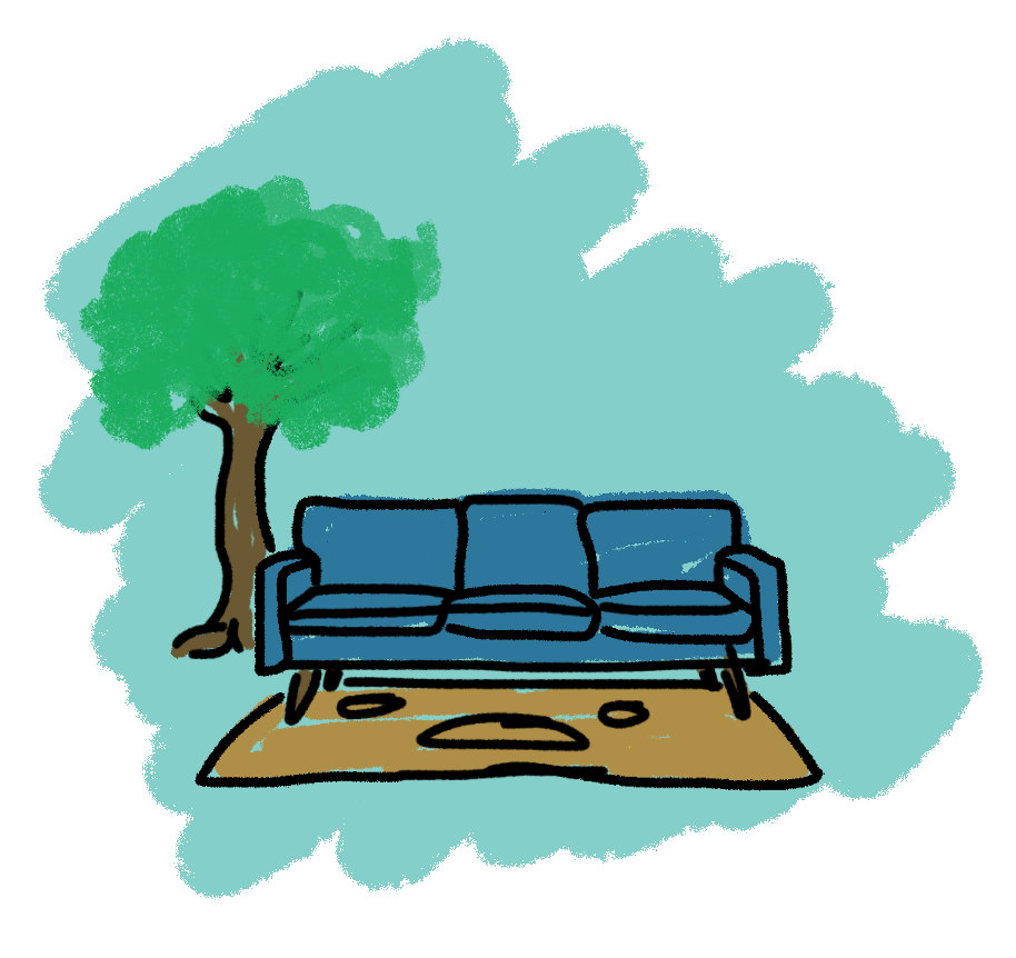 Drawing of a blue sofa on a brown rug, next to a green leafy tree, against a light blue background.