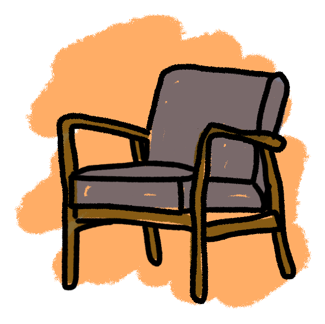 A drawing of a gray chair with wooden arms and legs against an orange background.