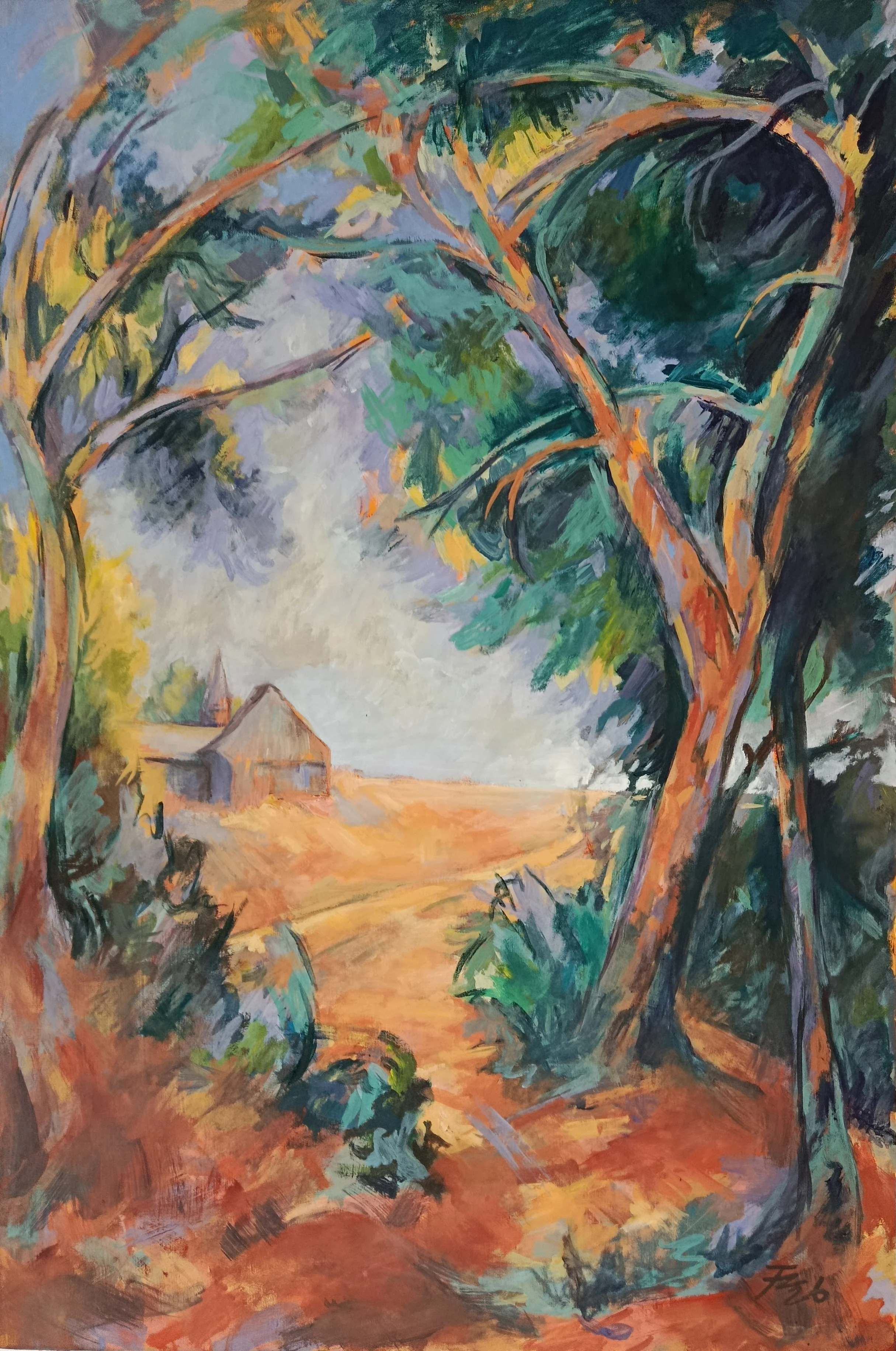 Rackendorf vom Kapellenacker aus
Florian Weiss
2026  •  Deutschland  •  Öl auf Leinwand
120 x 80 cm

Das Gemälde zeigt den Blick vom Kapellenacker auf Rackendorf im Oberpfälzer Jura. Zwischen hoch aufragenden, weit verzweigten Bäumen öffnet sich die 