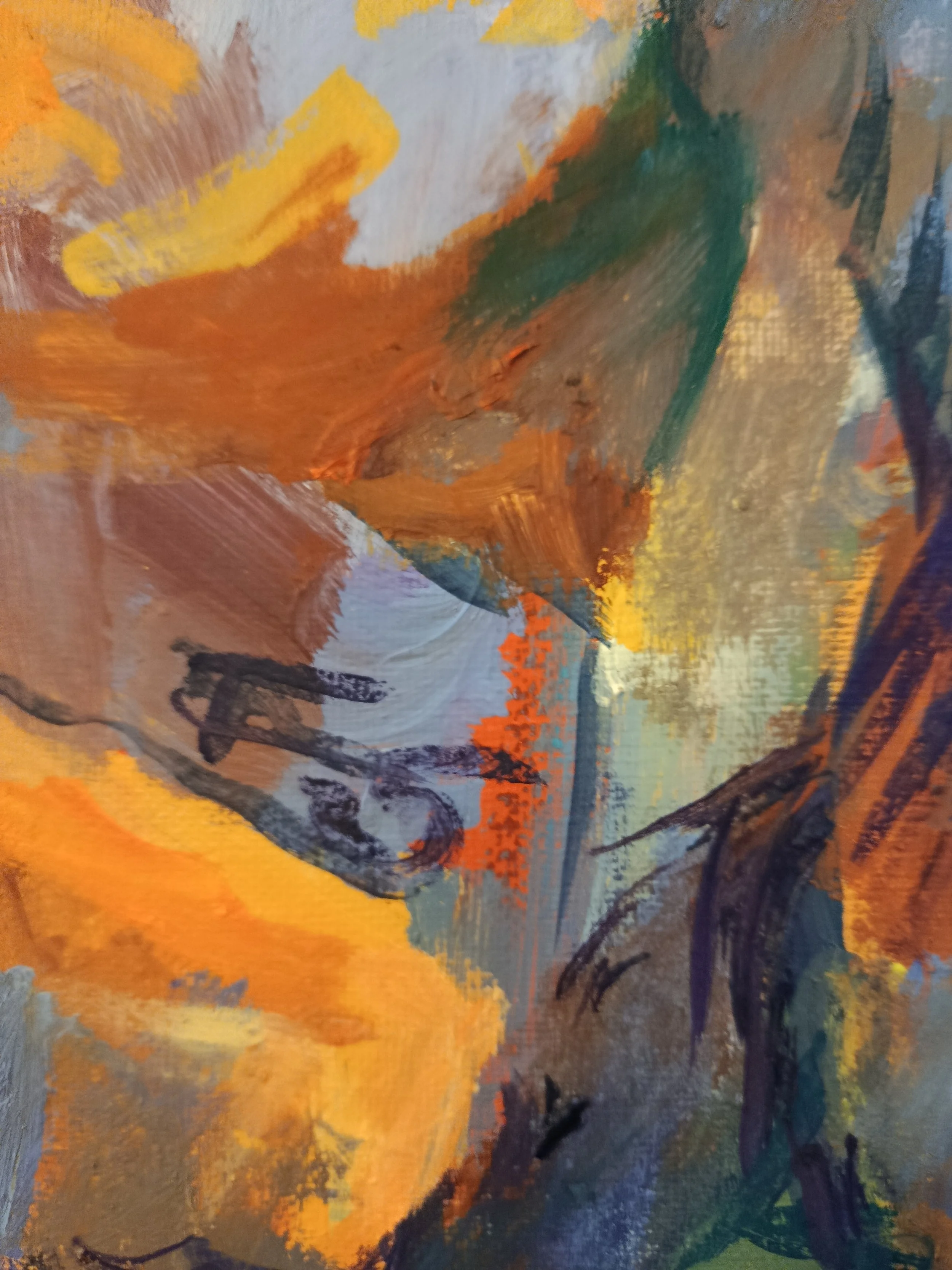 Ein abstraktes Gemälde mit lebendigen Farben wie Orange, Gelb, Grün und Blau, das verschiedene Pinselstriche und Texturen zeigt, ohne konkrete Formen oder Gegenstände.