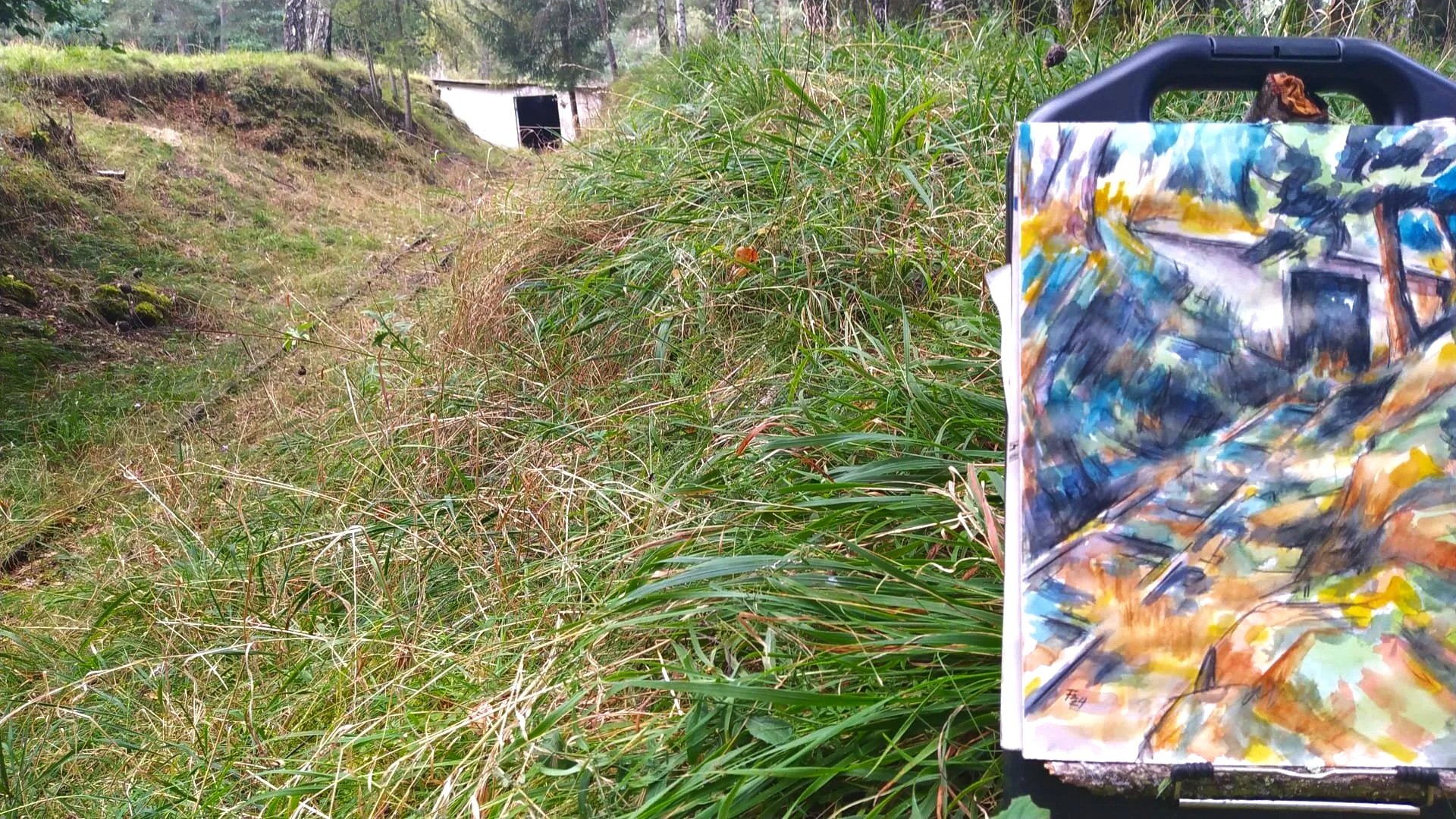 Ein Mischling aus endlosem Grün, Gräsern und Bäumen mit einer kleinen Hütte im Hintergrund. Auf der rechten Seite ist eine Farbdokumentation im Aquarellstil, die teilweise ins Bild hineinragt.