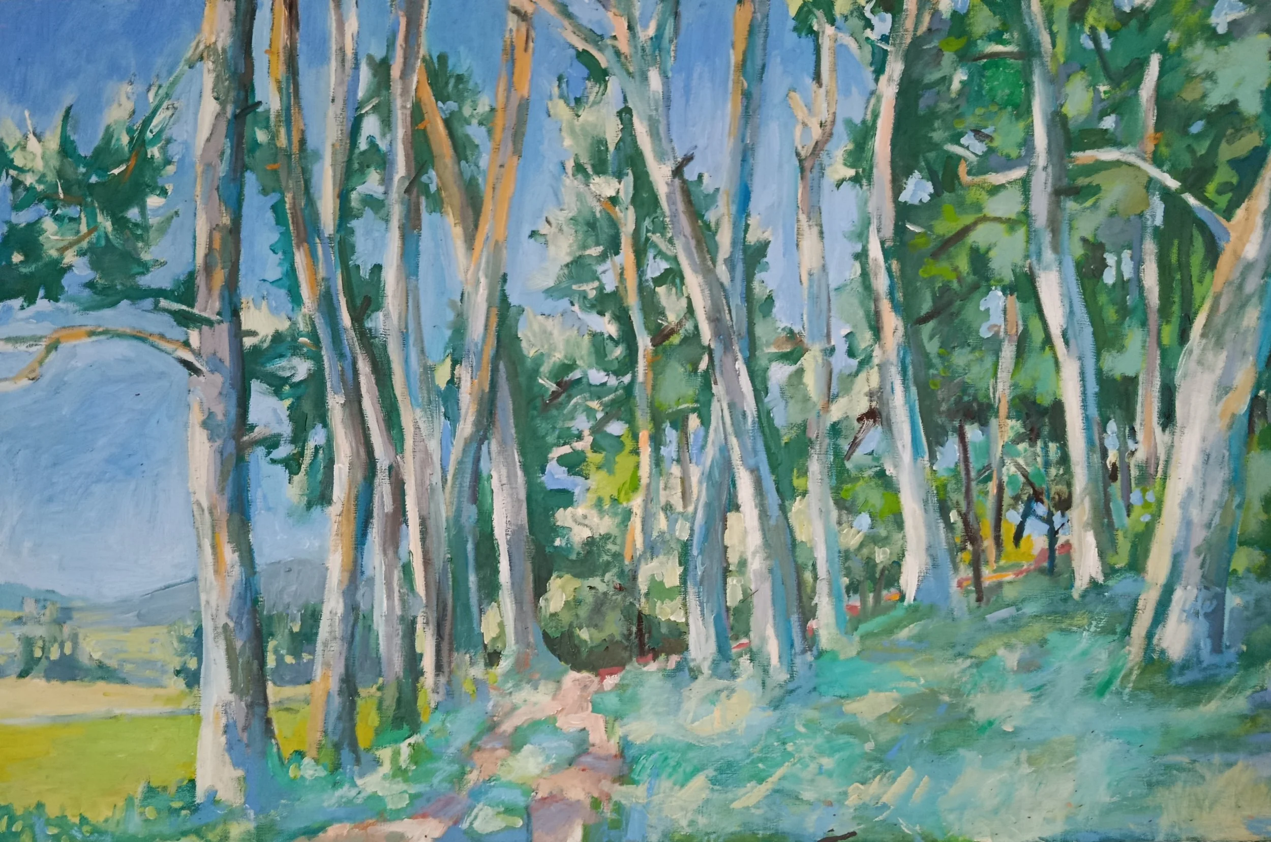 „Waldrand am Buchberg“

2003 • Deutschland • Öl auf Leinwand
45 × 75 cm

Das Gemälde zeigt einen Waldrand am Buchberg in der Oberpfalz. Schlanke Baumstämme gliedern die Bildfläche und öffnen den Blick auf einen schmalen Weg, eine Wiese und die Landsc