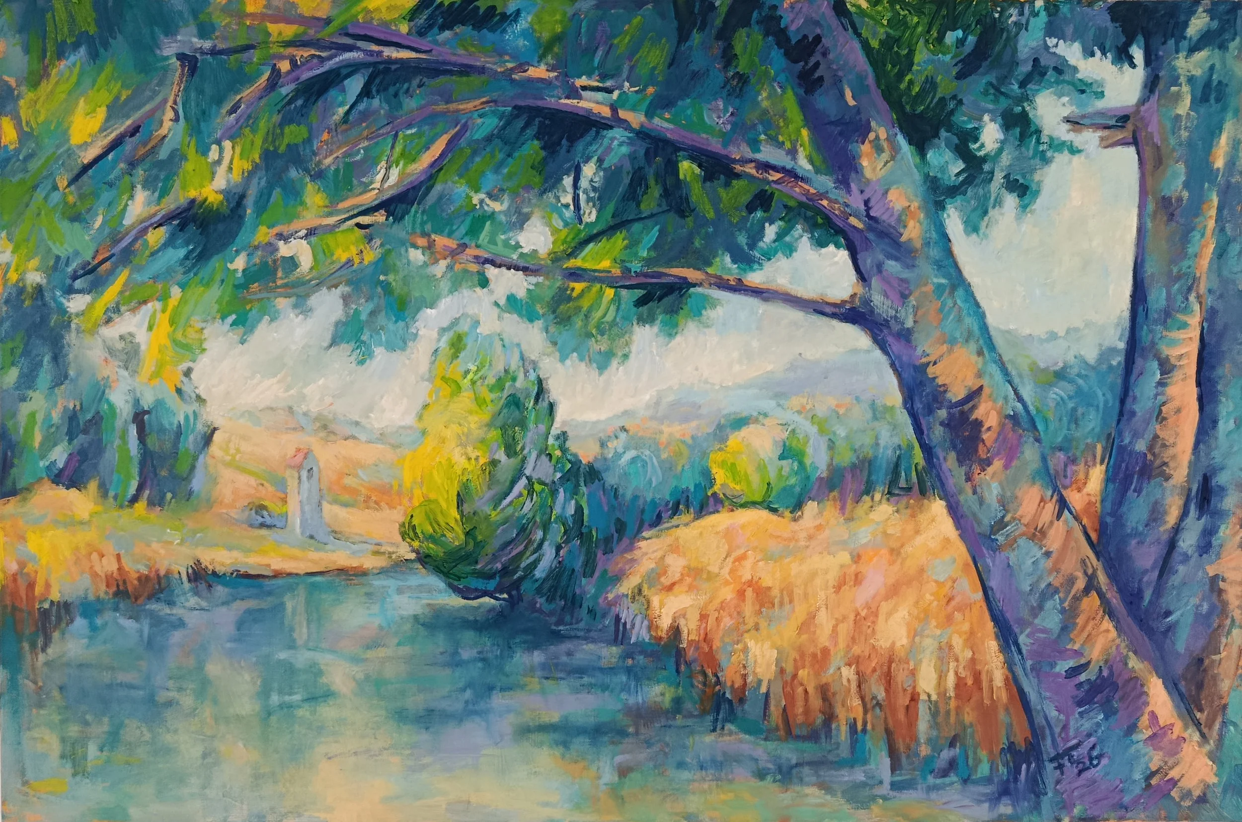 Ein impressionistisches Gemälde eines Baumes mit grünen Blättern und einer blauen, lila und orangefarbenen Baumstamm, erstellt mit kräftigen Pinselstrichen und lebendigen Farben.