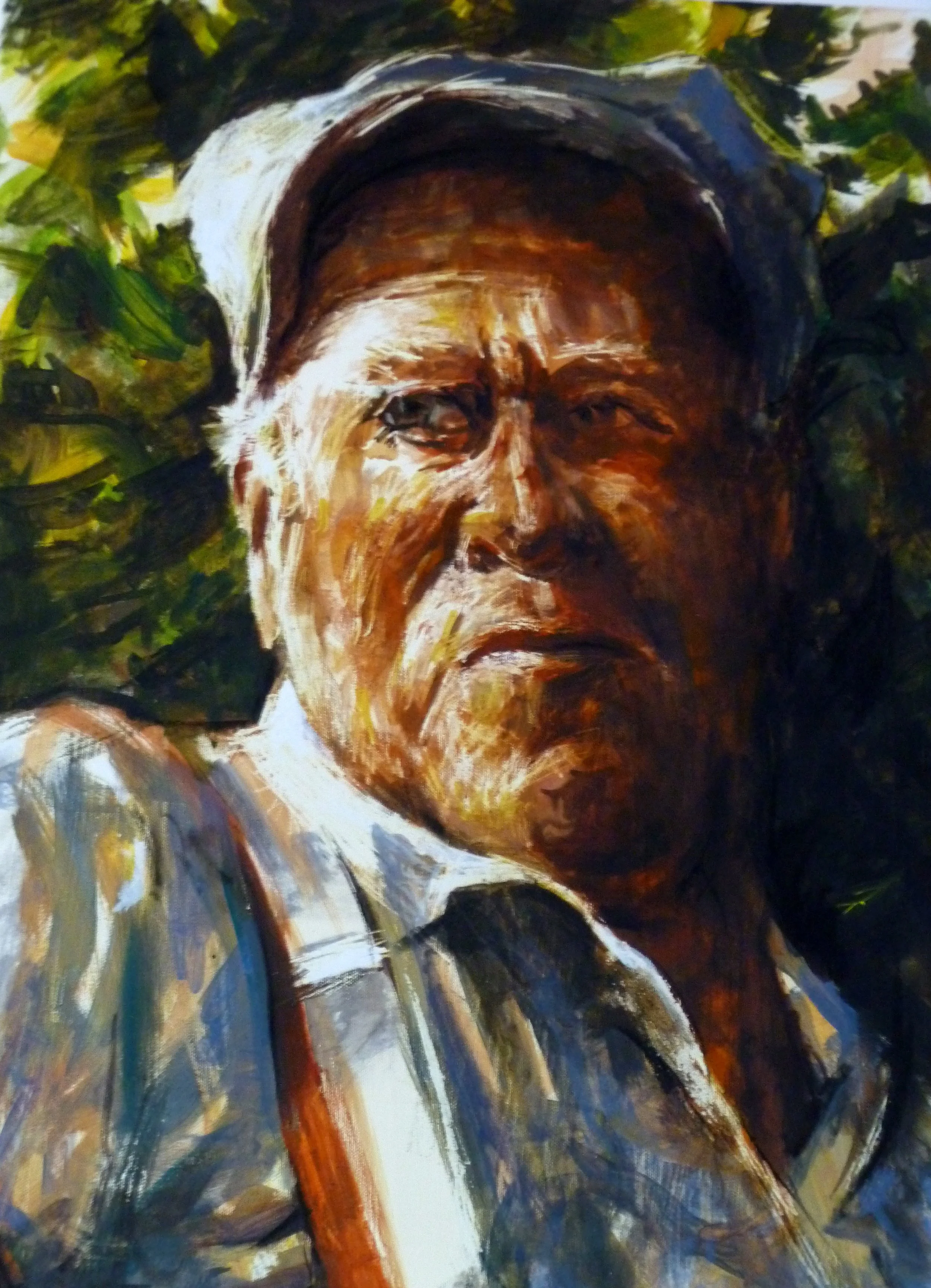 Portrait Franz Zitzelsberger

2008  •  Deutschland  •  Öl auf Leinwand
70 x 45 cm

Das Gemälde zeigt ein nah herangezogenes Porträt eines älteren Mannes mit Maurerappe, dessen Gesicht von dichten, sichtbaren Pinselstrichen in warmen Braun-, Ocker- un