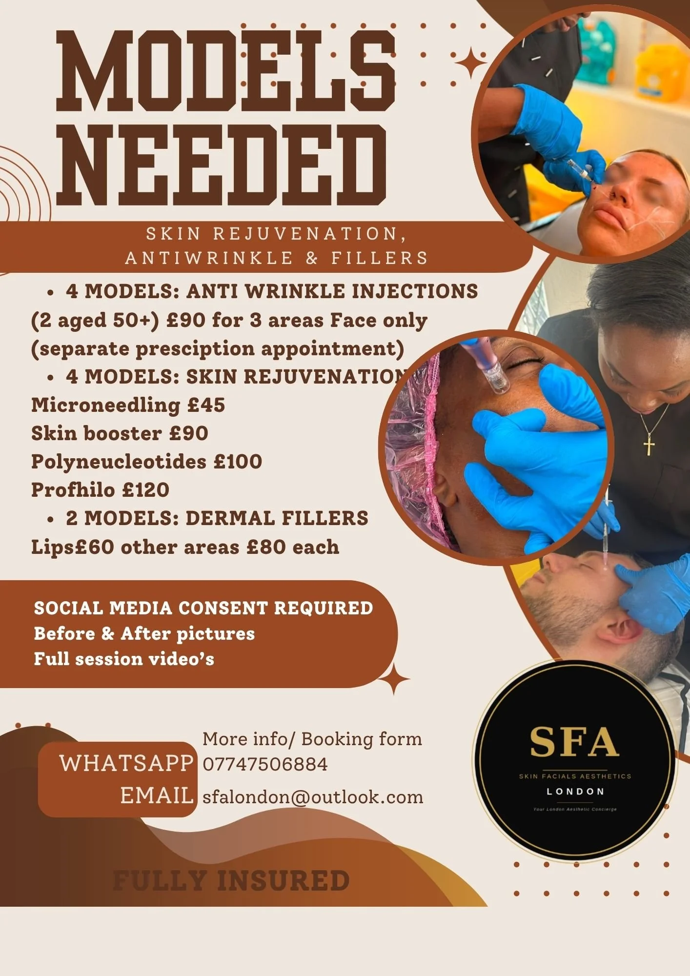 Promotional flyer for skin rejuvenation treatments including anti-wrinkle injections, micro-needling, skin boosters, polyneculotides, and dermal fillers at a clinic in London. Features images of skincare procedures and contact information.