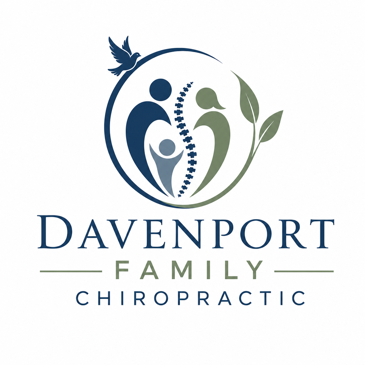 Logo for Davenport Family Chiropractic, featuring stylized figures of a family, a bird, and a leaf, with text below reading 'Davenport Family Chiropractic'.