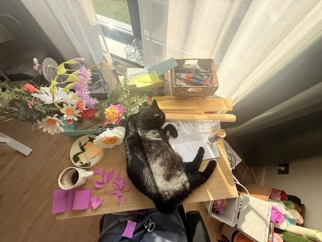 A black and gray cat lying stretched out on a wooden desk near a window, surrounded by various objects including flowers, paper, and office supplies.