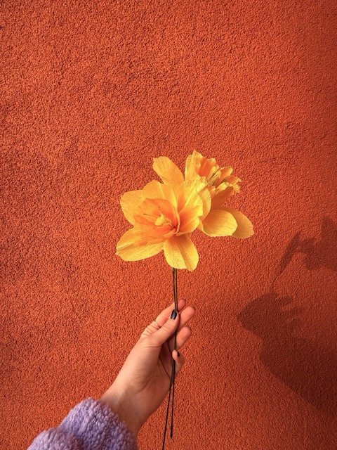 Person holding a yellow artificial flower against an orange wall.