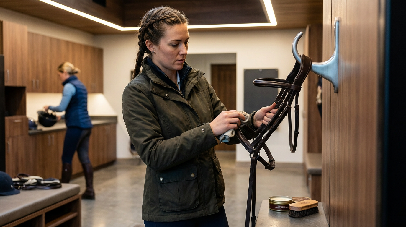 A woman cleaning a horse bridle on a hook in a stable or tack room, with another woman in the background organizing equipment.