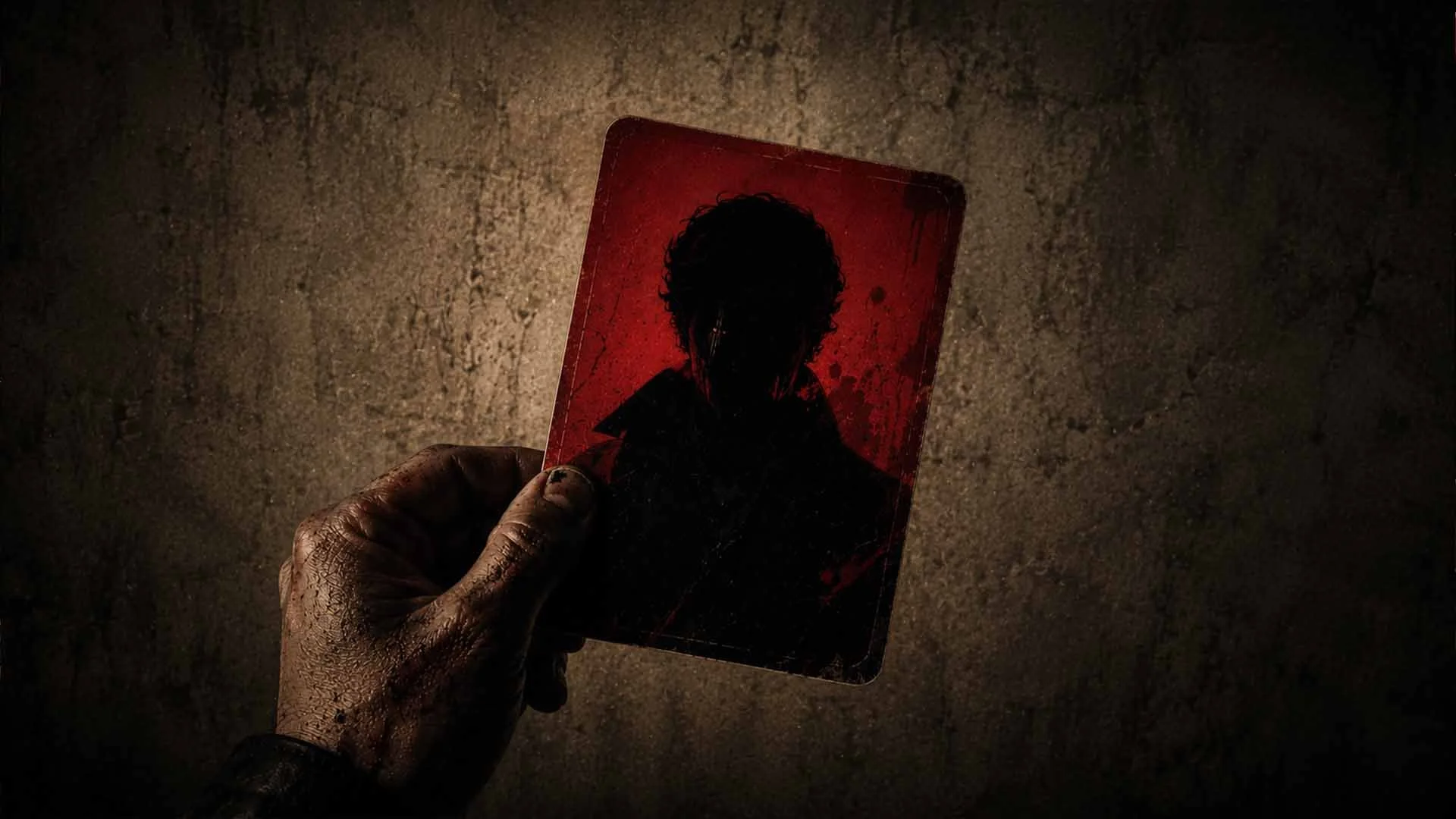 A person with dirty hands holding a card with a silhouette of a person's face with curly hair on a dark, cracked ground.