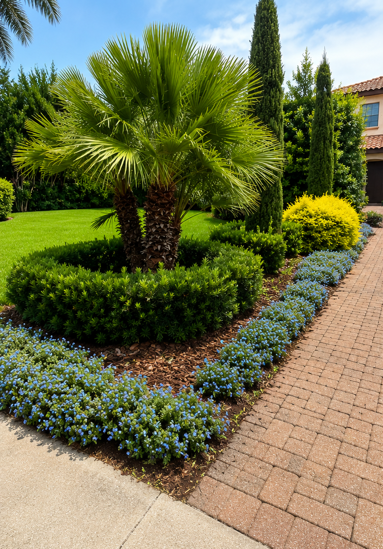 Beautiful front yard garden with a palm tree, tall cypress trees, colorful shrubs, and blue flowering ground cover by Mustard Seed Garden Center in Eustis, Florida.