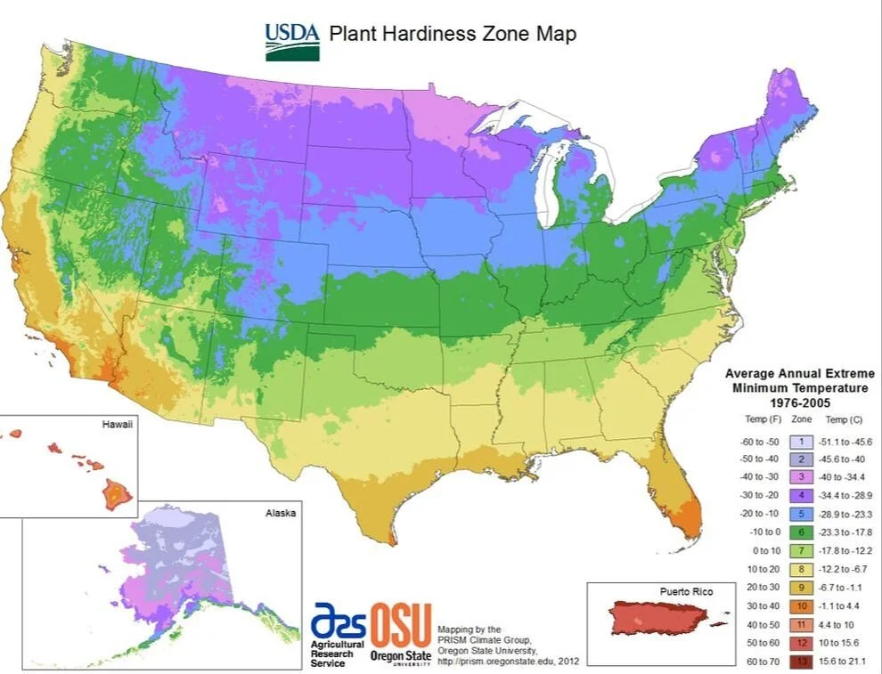 Map of the United States showing plant hardiness zones based on average annual extreme minimum temperatures from 1976 to 2005, with color gradients indicating different temperature zones.