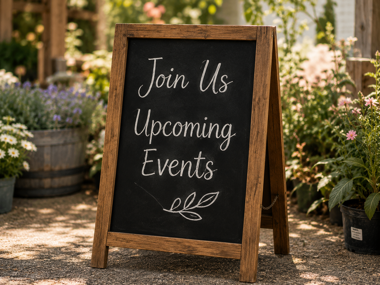 A black chalkboard sign with a wooden frame that reads 'Join Us Upcoming Events' in white script, placed outdoors among potted flowers and greenery on a sunny day.