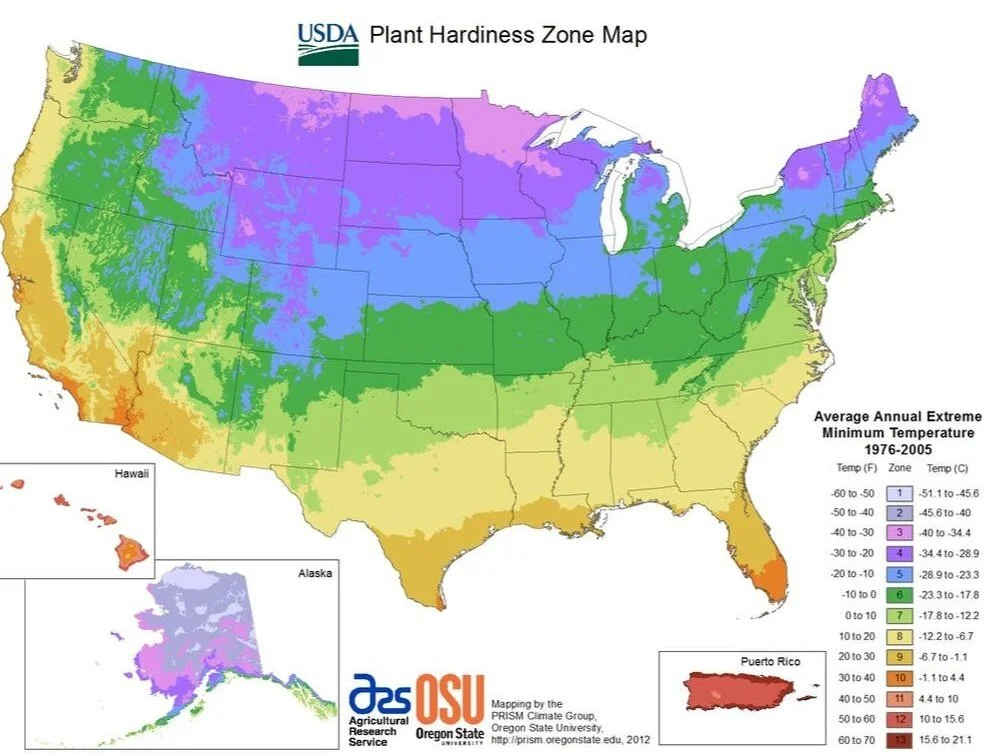 Map of the United States showing plant hardiness zones, with color codes indicating average annual extreme minimum temperatures from 1976-2005. It includes inset maps of Hawaii, Alaska, and Puerto Rico.