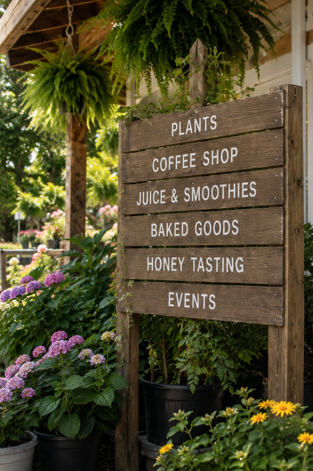 Wooden sign listing items such as plants, coffee shop, juice and smoothies, baked goods, honey tasting, and events, surrounded by potted plants and flowering bushes in an outdoor setting.