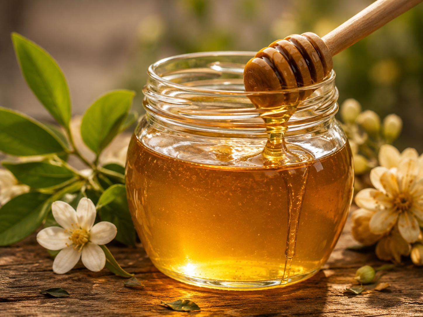 A glass jar filled with honey on a rustic wooden surface, with a honey dipper coated in honey resting on the jar's edge. Flowers and green leaves surround the jar, and sunlight illuminates the scene in an outdoor setting.