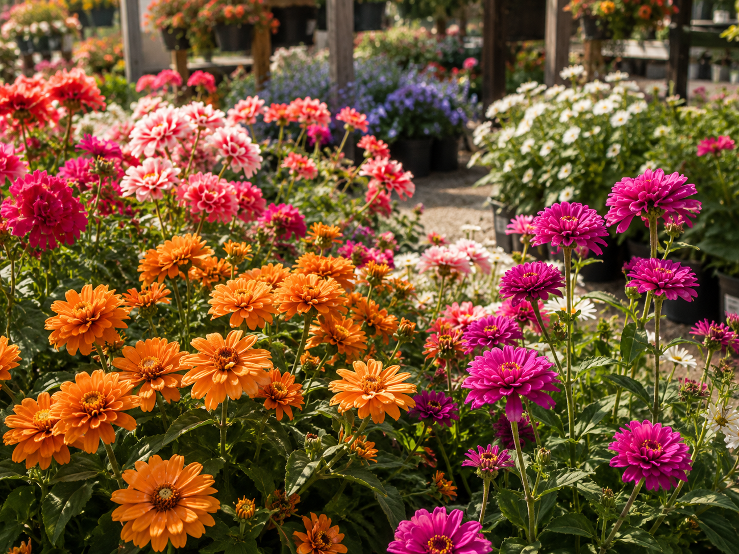 A vibrant flower garden with orange, pink, white, purple, and red flowers in bloom, displayed in black pots and wooden shelves.