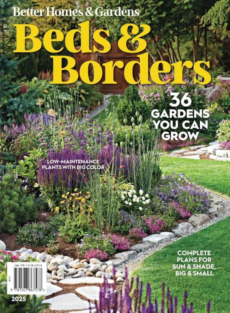 Cover of a gardening magazine titled 'Better Homes & Gardens Beds & Borders' featuring a colorful garden with various plants and flowers, a pathway, and a wooden bench in the background.