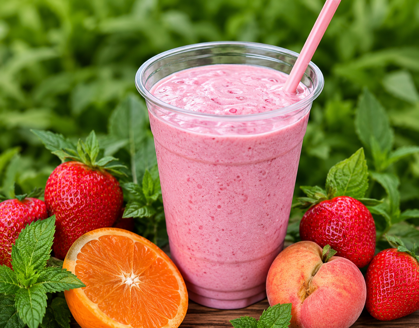 A pink strawberry banana smoothie in a clear plastic cup with a pink straw, surrounded by fresh strawberries, an orange slice, peach, and green mint leaves.