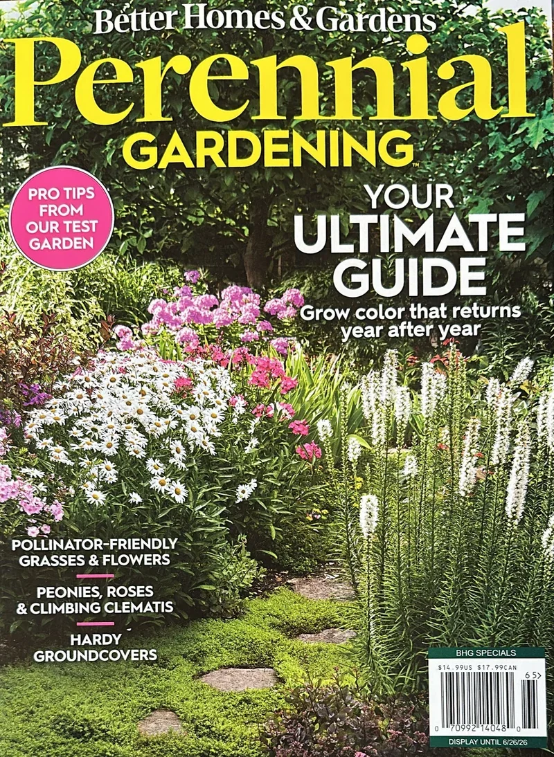 Cover of Better Homes & Gardens Perennial Gardening magazine featuring a lush garden with pink, white, and purple flowers, green foliage, and a stone pathway.