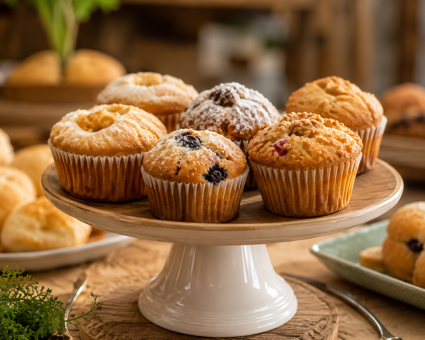 Assorted muffins on a wooden cake stand, including blueberry, chocolate chip, and crumb-topped varieties, with other baked goods in the background.
