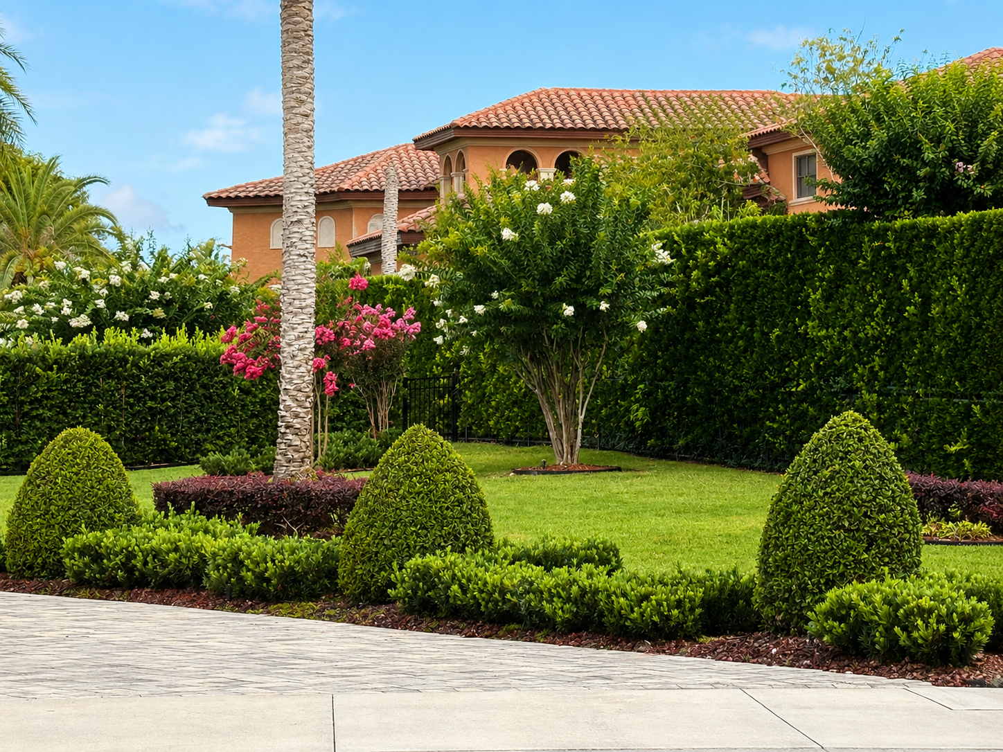 Landscaped front yard with trimmed bushes, palm trees, flowering shrubs, and green grass by Mustard Seed Garden Center.