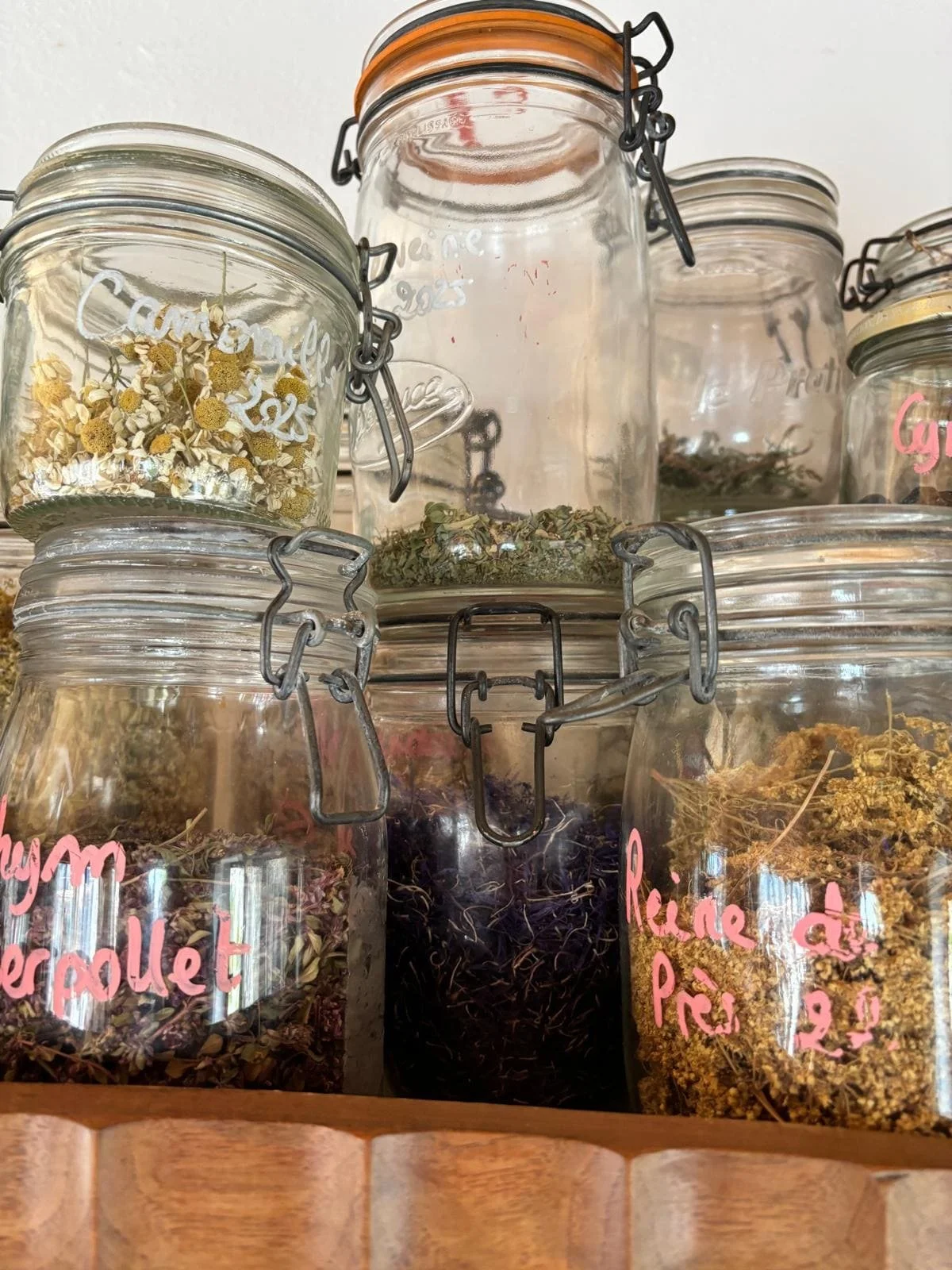 Bocaux en verre contenant des herbes séchées et des fleurs, avec des étiquettes manuscrites roses, disposés sur une étagère en bois.