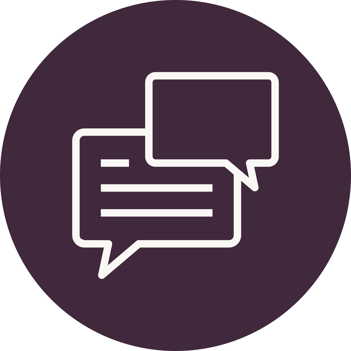 Icon of two speech bubbles, one with lines representing text, on a dark purple circular background.