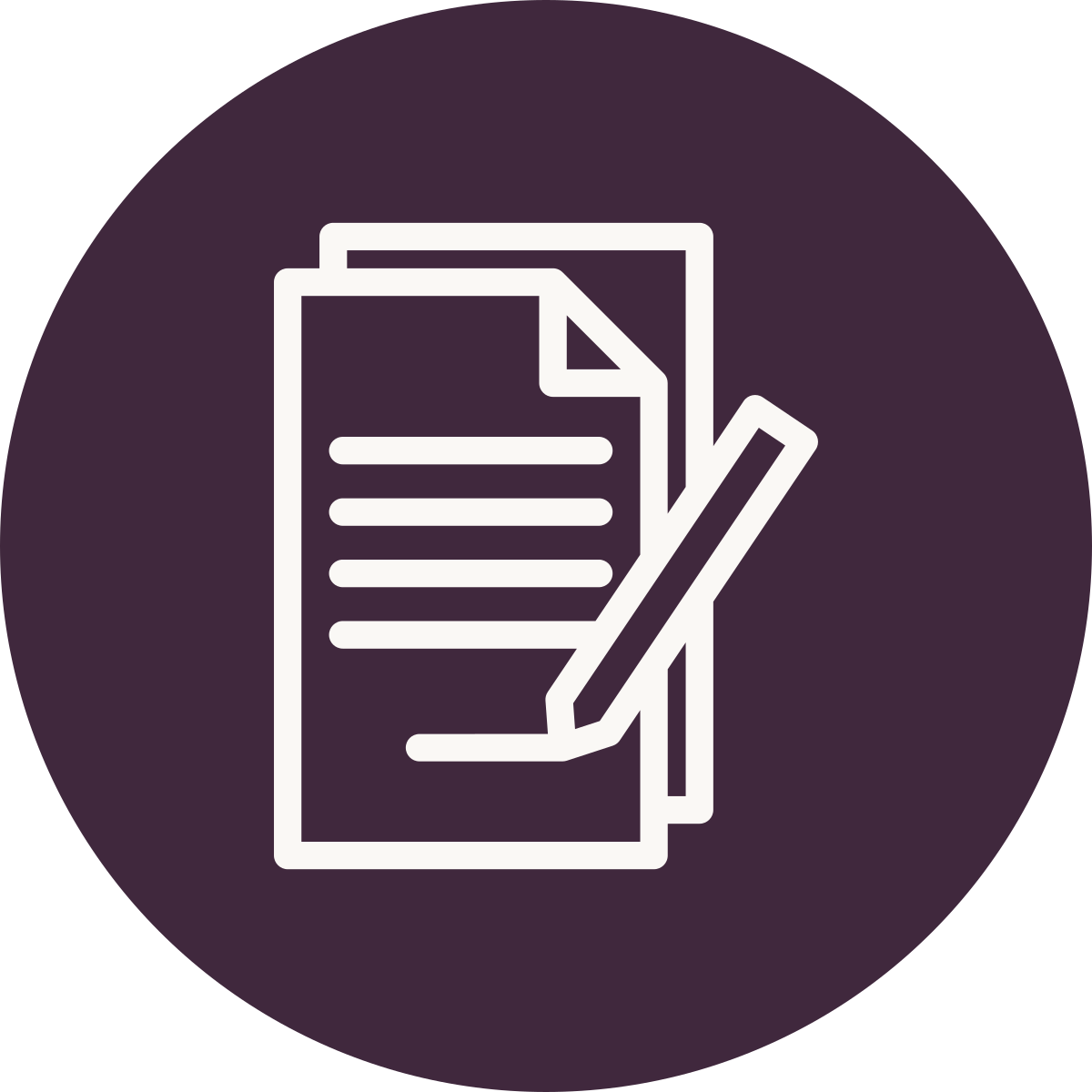 Icon of a document with lines, a smaller sheet behind it, and a pencil on the right side.