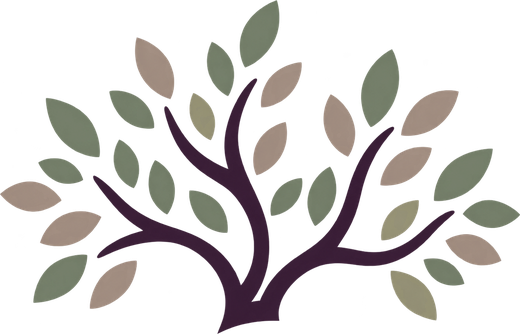 Illustration of a tree with purple branches and green leaves