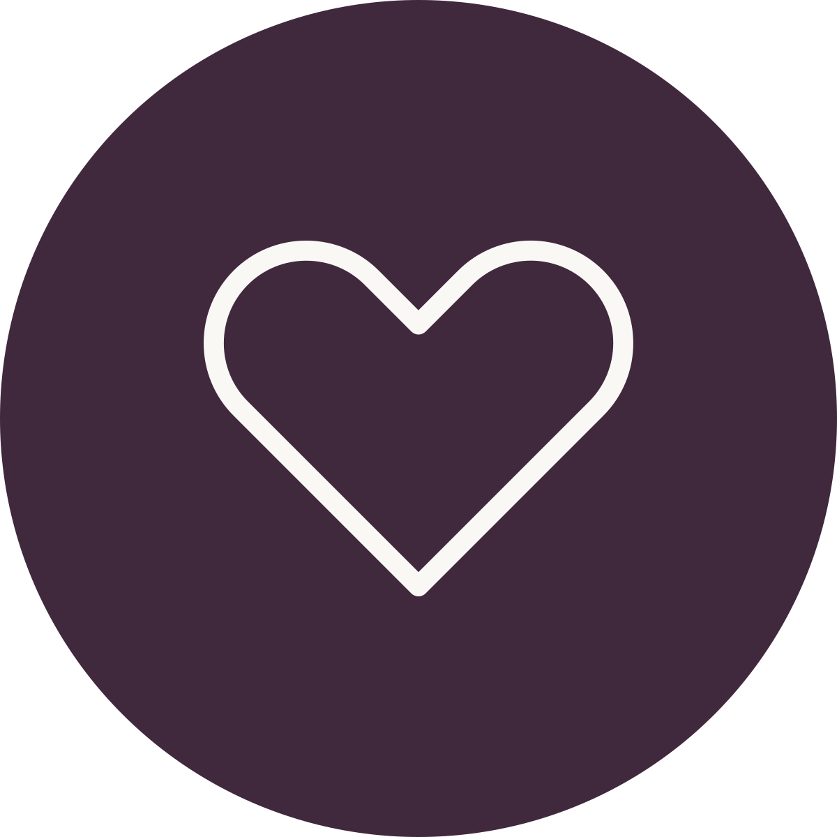 White heart outline icon on a dark purple circular background.