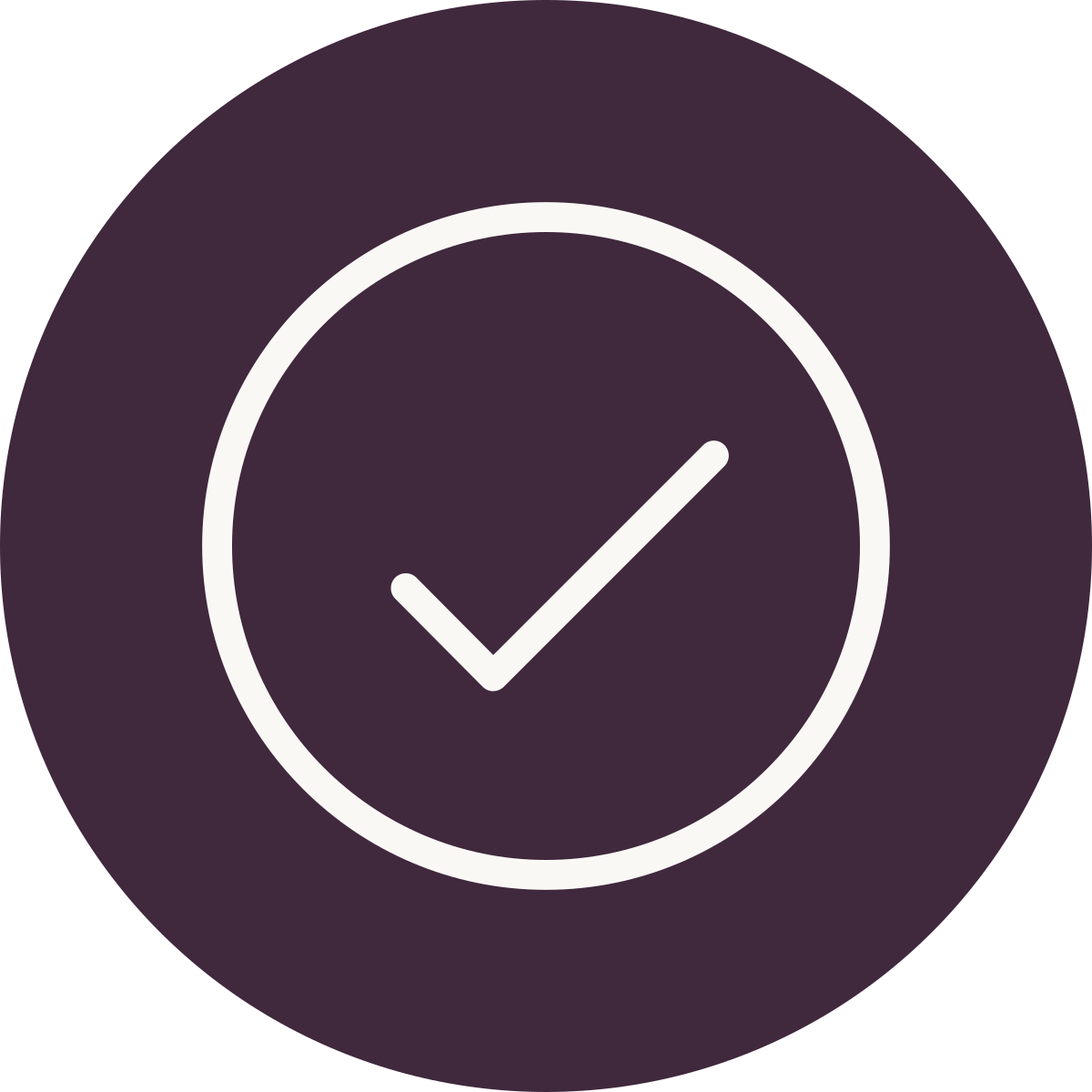 A dark purple circular icon with a white check mark inside a circle, indicating completion or approval.