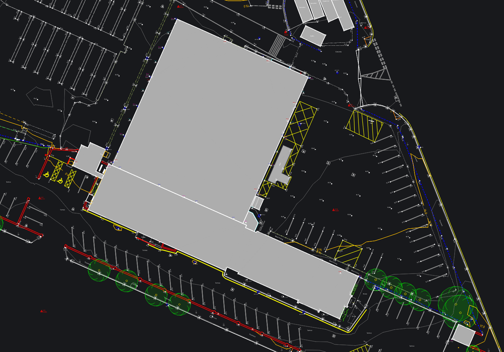 Detailed topographical survey drawing showing building and parking areas at Thermal Road