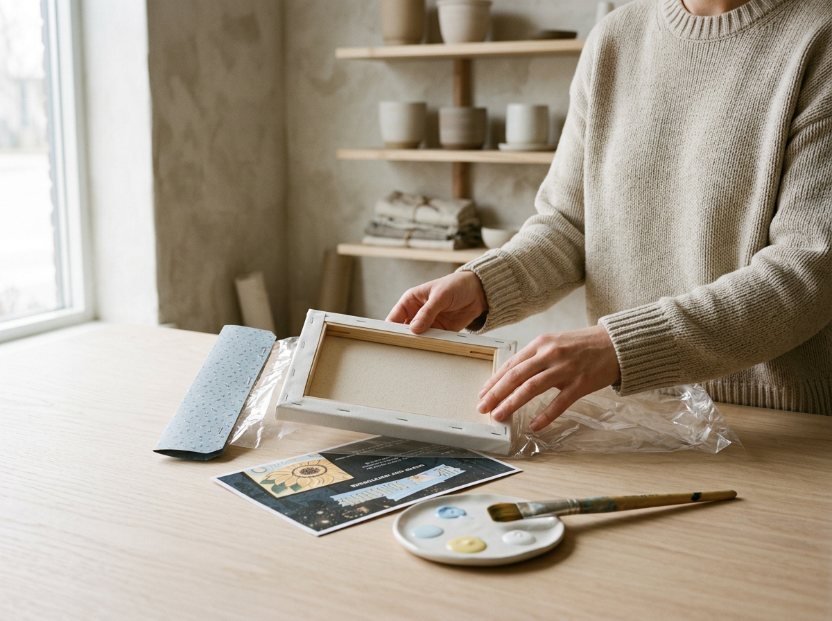 Person assembling a small painting or craft, with a paint palette and brochure on the table in a cozy, well-lit room.