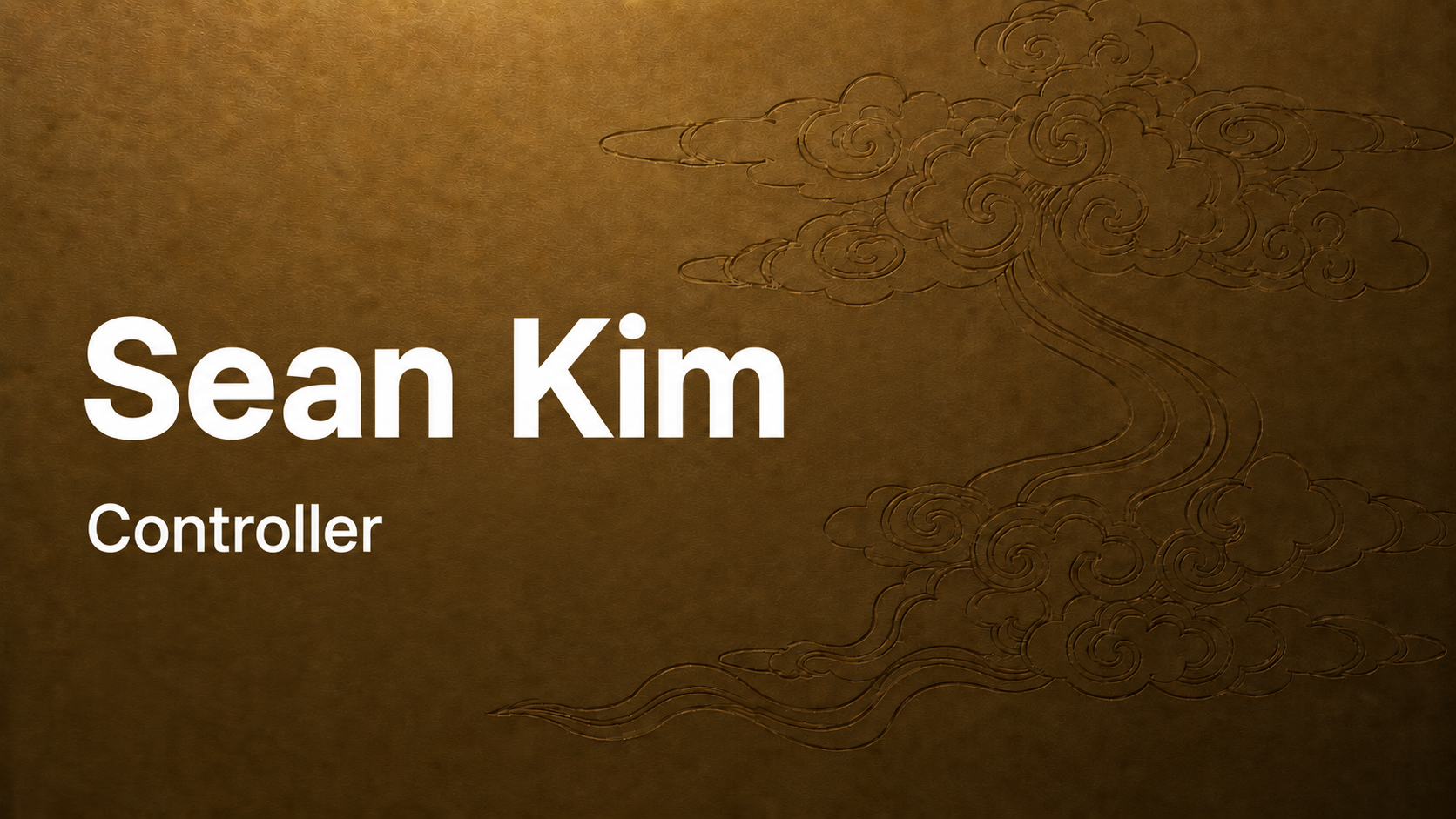 Business card with textured brown background, a stylized cloud and wind pattern in the top right corner, and text that reads 'Sean Kim, Controller' in white.