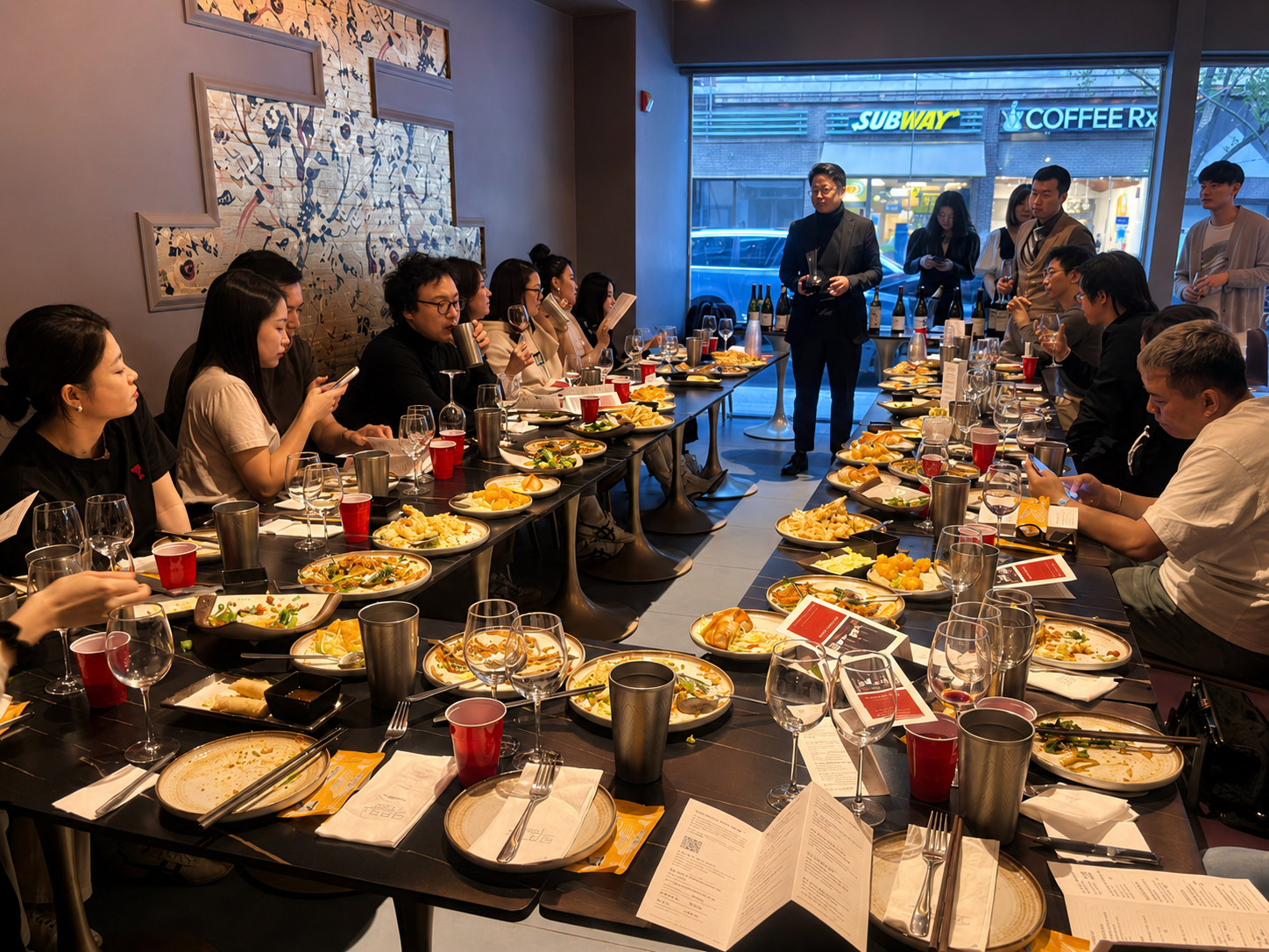 People seated at a long dining table during a gathering or celebration in a restaurant. The table is filled with plates of food, glasses, and utensils, with some people looking at their phones or listening to a speaker standing at the front. The restaurant has large windows showing a street view with a Subway and Coffee Rx sign.