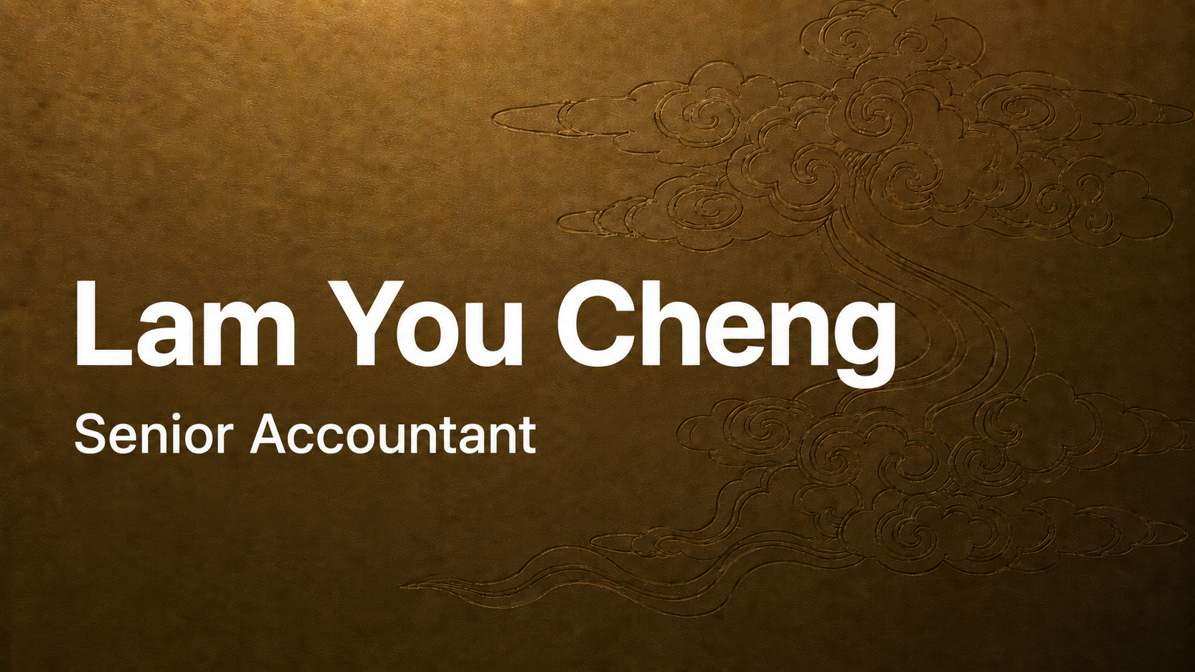 Business card displaying the name 'Lam You Cheng' and the title 'Senior Accountant' on a brown background with a stylized cloud and wind design.