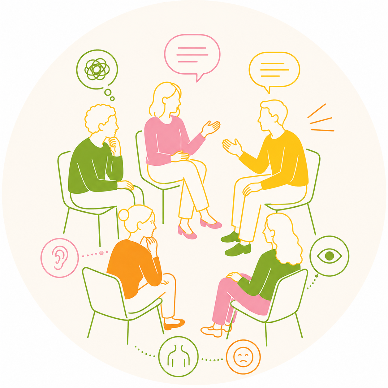 Eine Illustration von fünf Menschen, die in einem Kreis sitzen und eine Diskussion führen. Sprechblasen, Gedanken- und Symbolik deuten auf Kommunikation, Zuhören, Verständnis und Nachdenken hin. Verschiedene Farbcodes markieren unterschiedliche Aspekte des Gesprächs.»