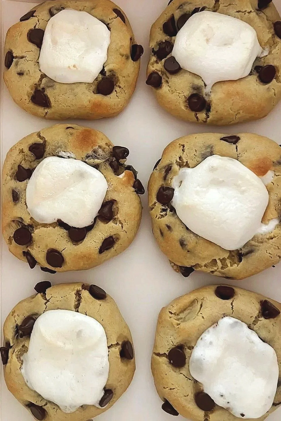 Six chocolate chip cookies with marshmallows on top, arranged in two rows of three.