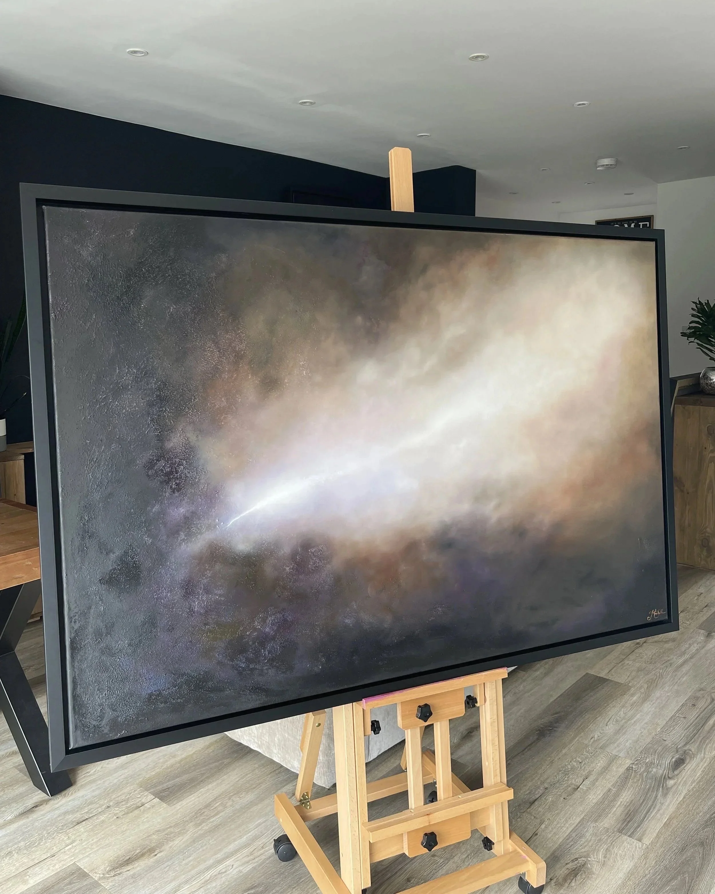 Awakening, atmospheric abstract oil painting by Mechelle Tebbs, featuring a luminous diagonal passage of light emerging through deep earthy clouds.