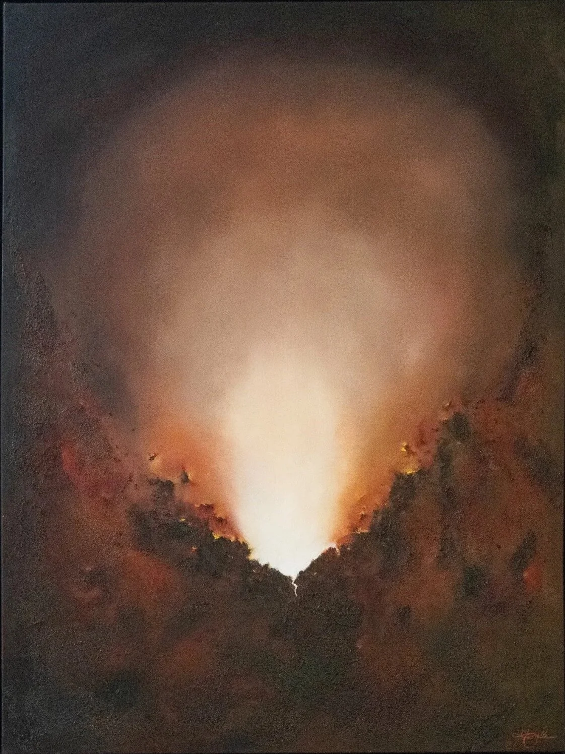 Unextinguished, atmospheric abstract oil painting by Mechelle Tebbs, featuring a brilliant rising light surrounded by richly textured rust, brown and charcoal tones.