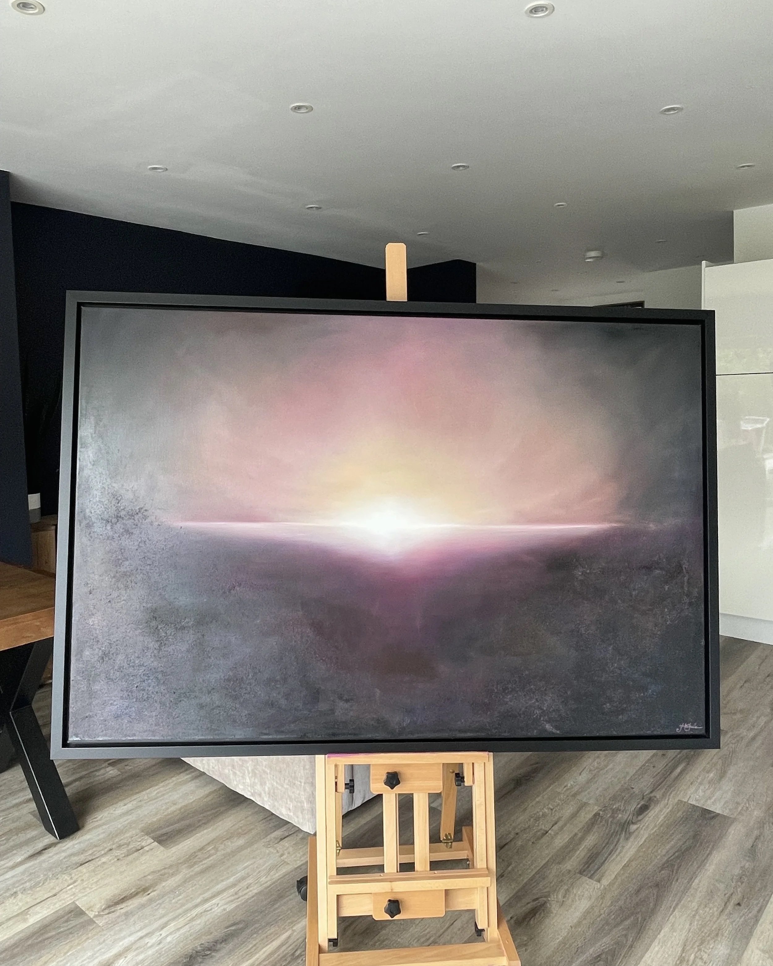 Coming Home, atmospheric abstract oil painting by Mechelle Tebbs, featuring a glowing horizon surrounded by soft plum, pink and charcoal tones.