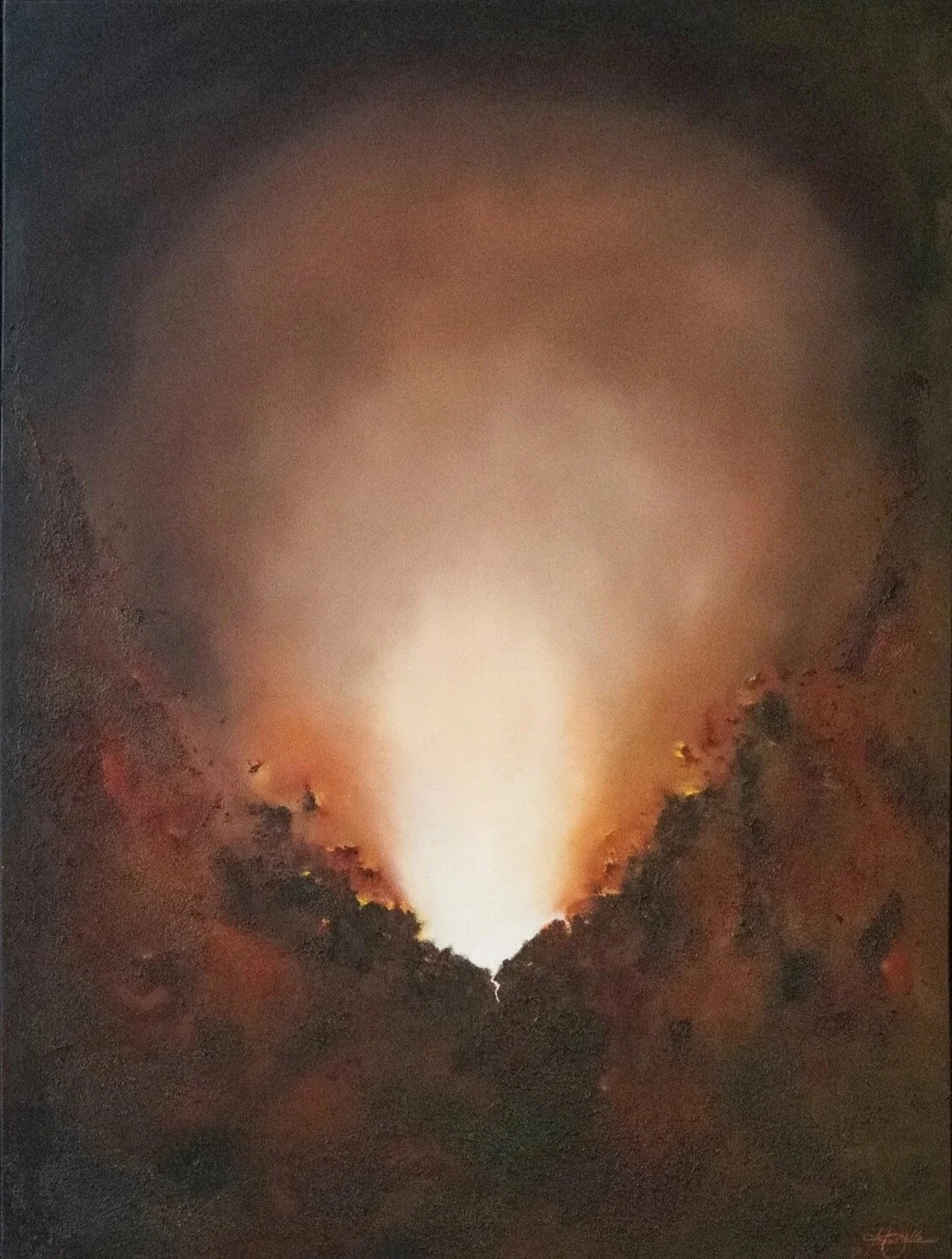 Unextinguished, Abstract oil painting by Mechelle Tebbs, with a bright white light source in the center, surrounded by dark reddish-brown and black tones, resembling an erupting volcano or fiery explosion.