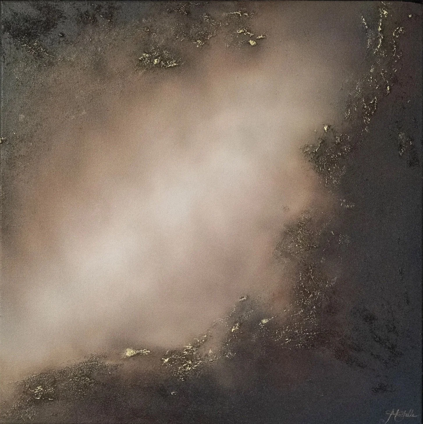 Beside Me, atmospheric abstract oil diptych by Mechelle Tebbs, comprising two softly illuminated paintings in layered cream, taupe and charcoal tones.